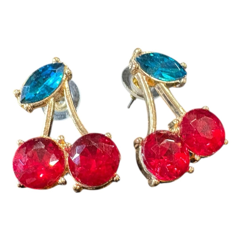 Pin-Up Girl Cherry Pierced Rhinestone Earrings Red & Teal Gold Tone J15